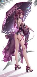 1girl absurdres ass backless_outfit blush bow breasts commentary cowboy_shot detached_sleeves footwear_bow grey_sandals high_heels highres holding holding_umbrella honkai:_star_rail honkai_(series) kafka_(honkai:_star_rail) large_breasts long_hair long_sleeves looking_at_viewer parted_lips pink_lips ponytail purple_bow purple_eyes purple_hair purple_umbrella ringeko-chan sandals smile solo standing thighs umbrella
