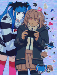 2girls amemiya_darumi bent_over black_hair black_thighhighs blue_background blue_hair blush brown_hair brown_skirt chibi closed_mouth danganronpa_(series) danganronpa_2:_goodbye_despair female_focus gaming heart knife long_hair long_sleeves makeup monokuma monomi_(danganronpa) multiple_girls nanami_chiaki nigou_(hundred_line) open_mouth pink_eyes pink_thighhighs pleated_skirt rabbit runny_makeup safety_pin shirt simple_background skirt smile standing striped_clothes striped_shirt the_hundred_line_-last_defense_academy- thighhighs twintails video_game