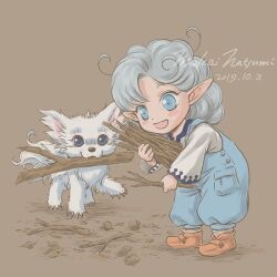 Rule 34 | 1girl, blue eyes, blue overalls, brown background, brown shoes, commentary request, dated, fortune quest, grey hair, holding, holding stick, long hair, lowres, mukai natsumi, open mouth, overalls, picking up, pointy ears, rumy (fortune quest), shiro (fortune quest), shoes, signature, solo, stick