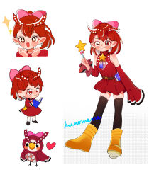 1girl absurdres animal_crossing belt bird_girl blush book boots celeste_(animal_crossing) chinese_commentary commentary_request dress dual_persona furry furry_and_humanization furry_female highres holding holding_wand humanization juyekuno multiple_views nintendo owl_girl reading red_dress red_eyes red_hair short_hair simple_background standing star_(symbol) wand white_background yellow_boots