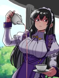 1girl angry apron ayra_(fire_emblem) ayra_(tea_party)_(fire_emblem) black_hair breasts clumsy cup dress fire_emblem fire_emblem:_genealogy_of_the_holy_war fire_emblem_heroes highres holding holding_cup holding_teapot long_hair maid maid_apron maid_headdress medium_breasts mnejing30 nintendo official_alternate_costume pouring purple_dress shaded_face solo tea teapot
