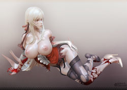 1girl 3d black_thighhighs blonde_hair blood blood_on_clothes bloody_tears breasts brown_eyes elbow_gloves fangs feet female_focus garter_belt gloves gradient_background high_heels highres kiss-shot_acerola-orion_heart-under-blade kizumonogatari large_breasts leslyzerosix lips long_hair monogatari_(series) nipples oshino_shinobu parted_lips pointy_ears shoes single_shoe solo teeth thighhighs topless_female torn_clothes torn_thighhighs very_long_hair white_gloves white_shoes