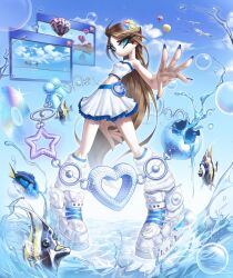 b0throps loose_socks blue_nails brown_hair bubble clover_hair_ornament crop_top cyber_fashion fish frutiger_aero hair_ornament highres long_hair nail_polish oversized_footwear oversized_shoes skirt unjust_jewelry