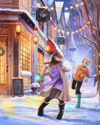 2girls artist_name bare_tree black_hat black_pants boots brown_hair coat day green_boots green_hair grey_coat hat highres jacket long_coat luztapiaart multicolored_hair multiple_girls open_clothes open_coat orange_hair orange_jacket original outdoors pants peyton_(luztapiaart) purple_scarf roya_(luztapiaart) rubber_boots scarf snow snowball snowball_fight tree two-tone_hair watermark witch_hat