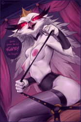 1girl artist_name bird_girl breasts crossed_legs english_text feathered_wings furry furry_female glowing glowing_eyes helluva_boss highres holding holding_leash indoors leash looking_at_viewer nipples owl_girl patreon_logo patreon_username pinktaco pov red_eyes sitting small_breasts solo speech_bubble stella_(helluva_boss) thighhighs tiara topless_female viewer_on_leash watermark wings