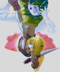 2girls :d black_tank_top blonde_hair breasts cleavage cropped_torso dorohedoro fang figure_four_leglock gloves green_pants head_between_thighs highres holding holding_knife horns knife large_breasts looking_at_viewer mask multiple_girls nikaidou_(dorohedoro) noi_(dorohedoro) open_mouth pants ponytail red_eyes simple_background smile tank_top upside-down vitagazer
