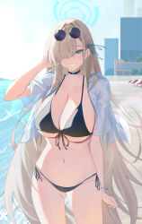 1girl absurdres alternate_costume aqua_halo asuna_(blue_archive) beach bikini black_bikini black_choker blue_archive blue_eyes blue_ribbon breasts choker cleavage commentary_request cowboy_shot day eyewear_on_head front-tie_bikini_top front-tie_top gluteal_fold grey_hair hair_ornament hair_over_one_eye hair_ribbon halo hand_in_own_hair hand_up highres kakumayu large_breasts long_hair looking_at_viewer mole mole_on_breast navel one_eye_covered outdoors ribbon see-through_clothes see-through_shirt shirt side-tie_bikini_bottom smile solo standing stomach sunglasses swimsuit thighs underboob water white_shirt