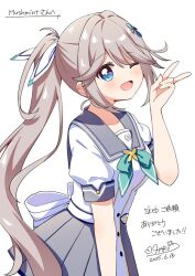 1girl ;d blue_eyes blush bow bowtie commentary_request cowboy_shot dated green_bow green_bowtie grey_hair grey_sailor_collar grey_skirt hair_ribbon hand_up haru_(konomi_150) long_hair looking_at_viewer mitorizawa_midori mugen_no_tir_na_nog one_eye_closed open_mouth pleated_skirt ponytail ribbon sailor_collar school_uniform serafuku shirt short_sleeves signature simple_background skirt smile solo v white_background white_ribbon white_shirt