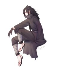 Rule 34 | 1boy, black eyes, black hair, black robe, gloves, highres, long hair, male focus, naruto (series), naruto shippuuden, qjqjqjql, robe, sandals, signature, simple background, solo, spiked hair, uchiha madara, white background