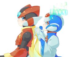 Rule 34 | 2boys, armor, blonde hair, blue eyes, blue helmet, blue robe, brushing hair, cyber elf x (mega man), forehead jewel, from side, gotoku (twitter 1906669672738799616), halo, helmet, long hair, male focus, mega man (series), mega man zero (series), multiple boys, profile, red armor, red helmet, robe, simple background, upper body, white background, x (mega man), zero(z) (mega man), zero (mega man)