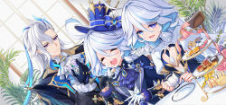 1boy 2girls :o ^_^ ahoge ascot asymmetrical_gloves black_gloves blue_ascot blue_eyes blue_gemstone blue_hair blue_hat blue_jacket blue_pupils blush closed_eyes closed_mouth commentary cup day drop-shaped_pupils english_commentary fingernails food fork furina_(genshin_impact) gem genshin_impact gloves hair_between_eyes hat heterochromia highres holding holding_cup holding_fork indoors jacket juna long_hair long_sleeves looking_at_another mismatched_gloves multicolored_hair multiple_girls neuvillette_(genshin_impact) open_mouth purple_eyes saucer streaked_hair symbol-shaped_pupils teardrop-shaped_gem teeth tiered_tray twitter_username upper_teeth_only very_long_hair white_ascot white_gloves white_hair window