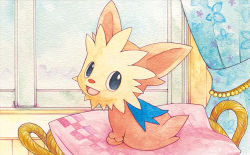 :d animal_focus basket black_eyes creature creatures_(company) curtains dog full_body game_freak gen_5_pokemon happy indoors lillipup looking_at_viewer looking_to_the_side nintendo no_humans official_art open_mouth pillow pokemon pokemon_(creature) pokemon_tcg sekio smile solo third-party_source