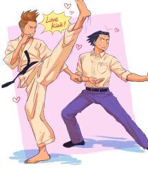 2boys absurdres ace_attorney alternate_costume barefoot belt black_belt black_hair blue_pants brown_hair collared_shirt dougi fighting_stance full_body heart high_kick highres karate karate_gi kicking larry_butz long_sleeves looking_at_another male_focus martial_arts_belt multiple_boys open_mouth pants phoenix_wright renshu_usodayo shirt short_hair spiked_hair standing sweatdrop uniform white_shirt