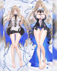 2girls bare_shoulders barefoot bed_sheet blonde_hair blue_eyes blue_panties blush breasts breasts_apart cartethyia_(wuthering_waves) cleavage clothes_lift clothing_cutout commentary crown_of_thorns dakimakura_(medium) dress dress_lift dual_persona earrings english_commentary fingernails fleurdelys_(wuthering_waves) floating_earrings flower gluteal_fold hair_over_eyes hands_up highres horns jewelry lace lace-trimmed_panties lace_trim large_breasts libero_art long_hair looking_at_viewer lying multiple_girls navel navel_cutout on_back panties parted_bangs pointy_ears single_horn small_breasts tacet_mark_(wuthering_waves) underwear very_long_hair white_flower white_panties wuthering_waves yellow_horns