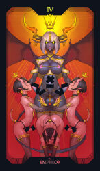 1girl 3boys breasts closed_eyes dark-skinned_female dark_skin demon demon_boy demon_girl demon_horns demon_wings elbow_gloves erection extra_penises fellatio floating_crown futanari gloves glowing glowing_eyes highres horns large_breasts long_horns medium_hair multiple_boys navel nipples oral original short_hair skin-covered_horns tail tailbox tarot the_emperor_(tarot) wings yellow_eyes