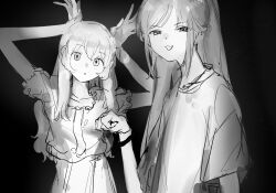 2girls :d :o aikatsu! aikatsu!_(series) arms_up bad_id bad_twitter_id greyscale hair_between_eyes hand_up highres hoshimiya_ichigo long_hair looking_at_viewer monochrome multiple_girls open_mouth otoshiro_seira paw_pose rabbit_pose shirt short_sleeves smile suiso_(owp) upper_body