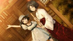 Rule 34 | 1boy, 1girl, aqua eyes, arm up, black bow, black hair, black ribbon, black sash, black trim, blue dress, blue eyes, blue hat, bob cut, bow, breasts, broom, chest bow, chihaya (clothing), choker, collar, collarbone, dress, dutch angle, frilled collar, frills, game cg, grin, hair ornament, hairclip, hakama, hakama skirt, hat, highres, holding, holding broom, huke, japanese clothes, kosode, looking at viewer, medium breasts, medium hair, miko, non-web source, official art, outdoors, outstretched arm, parted lips, pink eyes, pink frills, puffy short sleeves, puffy sleeves, red bow, red hakama, ribbon, ribbon choker, ribbon trim, ringed eyes, sash, shiina mayuri, short sleeves, shorts, shorts under dress, shorts under skirt, shrine, skirt, skull hair ornament, smile, square pupils, standing, steins;gate, sunset, tareme, teeth, tongue, trap, upper teeth only, urushibara luka, waist sash, waving, waving arm, wide sleeves