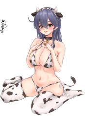 1girl animal_ears animal_print bell bikini black_choker black_hair breasts brown_eyes choker cleavage cow_ears cow_horns cow_print cow_print_bikini cow_print_thighhighs cow_tail cowbell fake_animal_ears fake_horns highres horns index_fingers_together kantai_collection large_breasts lilshigu long_hair one-hour_drawing_challenge print_bikini print_thighhighs simple_background sitting solo swimsuit tail thighhighs twitter_username ushio_(kancolle) wariza white_background white_bikini white_thighhighs