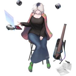 1girl animal_print bear_print black_hair breasts bumcha chair full_body game_cg guitar hair_dye hair_over_one_eye highres instrument large_breasts last_origin long_skirt long_sleeves medium_hair microphone multicolored_hair muse_(last_origin) official_art purple_eyes roots_(hair) shawl sheet_music sitting skirt sleeves_past_wrists socks solo speaker sweater tachi-e transparent_background white_hair
