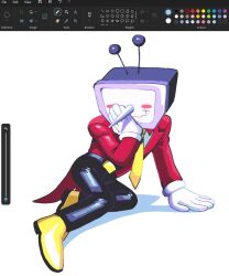 1boy ant_tenna art_program_in_frame belt black_belt black_pants blush_stickers crt deltarune gloves hand_on_own_face hashtag-only_commentary highres kambingpersik male_focus microsoft_paint_(medium) necktie object_head pants pointy_nose shoes smile solo tailcoat white_gloves yellow_necktie yellow_shoes