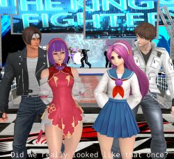2boys 2girls asamiya_athena black_jacket brown_hair fingerless_gloves gloves hair_ornament idol jacket kusanagi_kyou multiple_boys multiple_girls pink_hair psycho_soldier purple_hair snk star_(symbol) star_hair_ornament the_king_of_fighters the_king_of_fighters_xii the_king_of_fighters_xiii the_king_of_fighters_xiv the_king_of_fighters_xv white_jacket xnalara