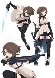 1girl absurdres asymmetrical_sleeves black_thighhighs blue_eyes blue_hair brown_hair choker detached_sleeves fabbusketch full_body gun highres medium_hair multicolored_hair original rifle short_shorts shorts simple_background solo streaked_hair sword thigh_strap thighhighs weapon