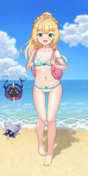 1girl 2others absurdres backpack bag barefoot beach blonde_hair bow bow_bra bow_panties bra breasts cloud collarbone cosmog feet full_body gen_1_pokemon gen_7_pokemon gluteal_fold green_eyes happycloud highres legendary_pokemon legs lillie_(pokemon) long_hair multiple_others navel nintendo ocean open_mouth outdoors panties pokemon pokemon_(creature) pokemon_sm ponytail shellder sky small_breasts smile striped_bra striped_clothes striped_panties thigh_gap thighs toes underwear underwear_only