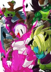 Rule 34 | 4boys, armor, aura, black hair, blonde hair, blue skin, bodysuit, colored skin, cooler (dragon ball), doore, dragon ball, dragonball z, green armor, green hair, green skin, group picture, highres, long hair, male focus, multiple boys, neiz, no eyebrows, purple bodysuit, purple skin, saiyan armor, salza, scouter, stktik09060906