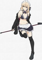 Rule 34 | 1girl, :/, absurdres, artoria pendragon (fate), bikini, bikini skirt, black bikini, black choker, black jacket, black shoes, blonde hair, breasts, character request, check character, check copyright, choker, copyright request, fate/grand order, fate (series), fav faris, frills, full body, hair ribbon, highres, jacket, looking to the side, maid, maid bikini, maid headdress, medium breasts, medium hair, mop, navel, open clothes, open jacket, over-kneehighs, ribbon, saber (fate), saber alter, saber alter (swimsuit rider), saber alter (swimsuit rider) (second ascension), shoes, sitting, sitting on object, solo, swimsuit, thighhighs, unconventional maid, yellow eyes