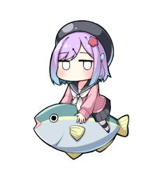 1girl animal bad_source beret black_hat black_sailor_collar black_skirt blank_eyes blue_hair chibi fish full_body gradient_hair hair_ornament hairclip hat jitome long_sleeves looking_at_viewer luna_(mahoutsukai_rose_no_sado_life) mahoutsukai_rose_no_sado_life mini_person minigirl multicolored_hair ominaeshi_(takenoko) pink_sweater pleated_skirt puffy_long_sleeves puffy_sleeves purple_hair sailor_collar school_uniform serafuku skirt solo star_(symbol) star_hair_ornament sweater watermark white_background