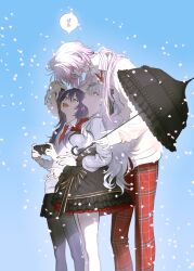 1boy 2girls :d absurdres bow bowtie cardigan closed_mouth collared_shirt day dt_777_tb falling_petals frilled_skirt frills genderswap genderswap_(ftm) genderswap_(mtf) green_eyes grey_cardigan grey_hair hair_between_eyes hair_bow handheld_game_console height_difference high-waist_skirt highres holding holding_umbrella kenmochi_touko kenmochi_touya kenmochi_touya_(1st_costume) kuzuha_(nijisanji) long_hair looking_at_another looking_down looking_up low_ponytail mole mole_under_eye multiple_girls nail_polish necktie nijisanji open_mouth pants pantyhose parasol petals pink_eyes pink_hair plaid_clothes plaid_pants pleated_skirt ponytail purple_hair red_eyes sanya_(kuzuha) school_uniform shiina_shii shiina_yuika shirt skirt sky sleeves_past_wrists smile speech_bubble standing talking two_side_up umbrella virtual_youtuber wavy_hair wide-eyed