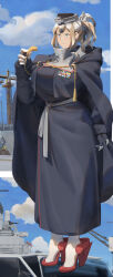 Rule 34 | 1girl, absurdres, battleship, belt, black hair, blonde hair, blue cape, blue coat, blue eyes, blue gloves, blue sky, cape, cloud, coat, gloves, grey belt, grey sailor collar, harpoon missile, headgear, highres, kantai collection, military vehicle, motor vehicle, multicolored hair, original, overlapped images, personification, phalanx ciws, ponytail, red shoes, ribbon bar, rudder footwear, sailor collar, ship, shoes, sidelocks, sky, solo, tassel, two-tone hair, uss missouri (bb-63), uss missouri (bb-63) (personification), van, vehicle and personification, warship, watercraft, ye fan