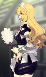 1girl apron black_dress blonde_hair bound braid cad_(caddo) cloth_gag dress gag gagged improvised_gag kirisame_marisa long_hair looking_at_viewer maid_headdress solo tape tape_bondage tape_gag touhou white_apron