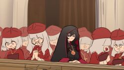 6+girls bags_under_eyes black_hair centurii-chan commentary cross cross_necklace english_commentary grey_hair hair_between_eyes hat highres indoors jewelry long_hair looking_at_viewer multiple_girls necklace odd_one_out orange_eyes own_hands_clasped own_hands_together real_life red_hat shaded_face short_hair wavy_hair