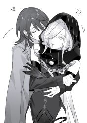 Rule 34 | 2girls, ?, ??, absurdres, black hands, bridge piercing, chief (path to nowhere), closed eyes, colored extremities, commentary request, elbow gloves, female chief (path to nowhere), gloves, greyscale, hair between eyes, hair over one eye, heart, highres, hood, hoodie, hug, jacket, kiss, kissing cheek, long hair, long sleeves, looking at another, medium hair, monochrome, multiple girls, nox (path to nowhere), parted lips, path to nowhere, piercing, simple background, toho10min, white background, yuri