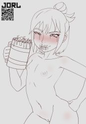 1girl aged_down aqua_(konosuba) artist_name blush cleft_of_venus closed_mouth collarbone completely_nude cowboy_shot cum cum_in_container cum_in_mouth cum_on_body cup embarrassed eyelashes facial female_focus flat_chest gokkun greyscale half-closed_eyes hand_on_own_hip hand_up highres humiliation implied_hetero jorl kono_subarashii_sekai_ni_shukufuku_wo! loli looking_at_viewer monochrome mug nipples nude pussy qr_code short_hair simple_background sketch smug solo standing tears uncensored