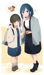 2girls absurdres bag blue_eyes blue_hair boots cellphone charm_(object) coat dress food_request fubuki_(kancolle) fubuki_(spring)_(kancolle) green_eyes grey_socks hatsukaze_(kancolle) highres jacket kantai_collection low_ponytail ma_rukan medium_hair multiple_girls official_alternate_costume phone pointing polka_dot polka_dot_dress ponytail shirt short_hair short_ponytail shoulder_bag smile socks souryuu_(kancolle) souryuu_(kure)_(kancolle) twintails white_jacket white_shirt