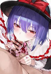 1boy 1girl absurdres bar_censor blush capelet caressing_testicles censored erection fellatio hat hetero highres nagae_iku oral penis purple_hair red_eyes short_hair solo_focus suujiniku testicles touhou