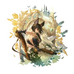 1girl animal_ears arch bare_shoulders black_dress black_hair bouquet breasts bridal_veil dress dual_wielding erune flower granblue_fantasy gun handgun holding ilsa_(formal)_(granblue_fantasy) ilsa_(granblue_fantasy) large_breasts looking_at_viewer minaba_hideo official_art red_eyes rifle short_hair solo upper_body veil weapon