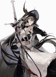 1boy absurdres androgynous apron arknights ascot black_cape black_hair blood blood_on_face blood_on_hands cape character_request check_character check_gender chinese_commentary chunbuchou commentary_request cowboy_shot crossdressing demon_horns ebenholz_(arknights) gender_request greatsword hair_between_eyes highres holding holding_sword holding_weapon hood hood_up hooded_cape horns horns_through_hood looking_at_viewer maid male_focus male_maid pink_eyes sideways_glance simple_background solo sword teardrop tearing_up waist_apron weapon white_ascot white_background wiping_blood