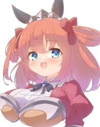 Rule 34 | 1girl, absurdres, armor, black ribbon, blue eyes, bow, breastplate, breasts, dress, emil chronicle online, gem, hair bow, hair rings, headband, highres, large breasts, neck ribbon, open mouth, red dress, red hair, red ribbon, ribbon, shugoma fehr, silver-index, upper body, white background