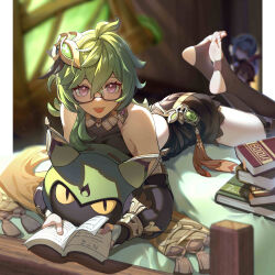 3girls absurdres amber_(genshin_impact) bespectacled black_gloves blue_hair book bridal_gauntlets brown_dress brown_hair brown_thighhighs collarbone collei_(genshin_impact) cuilein-anbar_(genshin_impact) dress elbow_gloves eula_(genshin_impact) genshin_impact glasses gloves green_hair hair_ornament highres holding holding_book huiqian looking_at_viewer lying multiple_girls on_bed on_stomach open_mouth purple_eyes sleeveless sleeveless_dress stirrup_legwear the_pose thighhighs toeless_legwear vision_(genshin_impact)