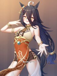 Rule 34 | 1girl, animal ears, arm up, armlet, bare shoulders, black hair, blue hair, bracelet, brown shorts, cosplay, dress, ear ornament, eyes visible through hair, hair between eyes, highres, horse ears, horse girl, horse tail, jewelry, legs apart, long hair, long hair between eyes, looking at viewer, low-tied long hair, manhattan cafe (umamusume), multicolored hair, open mouth, rigantona (umamusume), rigantona (umamusume) (cosplay), short shorts, shorts, shorts under dress, sleeveless, sleeveless dress, smile, solo, standing, tail, umamusume, very long hair, white hair, yellow eyes, yuusen (aenka)