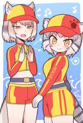 Rule 34 | 2girls, alternate costume, animal ear fluff, animal ears, baseball cap, belt, blush, brown hair, cat ears, cat girl, cat tail, clapping, commentary request, crop top, ears through headwear, fox ears, fox girl, fox tail, grey hair, hat, kemono friends, kemono friends 3, kitsunetsuki itsuki, lifeguard, long sleeves, matching outfits, multicolored hair, multiple girls, pallas&#039;s cat (kemono friends), short hair, short shorts, shorts, swimsuit, tail, tibetan fox (kemono friends), yellow eyes