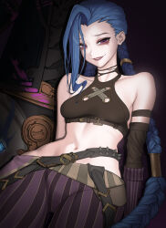 1girl absurdres bare_shoulders blue_hair braid braided_ponytail breasts chloria77 crop_top eyeshadow fishbones_(jinx) gloves highres jinx_(league_of_legends) league_of_legends looking_at_viewer makeup midriff navel pants pink_eyes small_breasts smile spiked_belt striped_clothes striped_pants twin_braids twintails