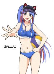 1girl animal_hat ball bikini blue_bikini blue_hair breasts cat_hat foreshortening hamuno hand_on_own_hip hat highres holding holding_ball kantai_collection long_hair looking_at_viewer medium_breasts multicolored_hair navel official_alternate_costume one-hour_drawing_challenge ponytail red_hair simple_background solo south_dakota_(kancolle) south_dakota_(swimsuit)_(kancolle) sports_bikini standing streaked_hair swimsuit twitter_username visor_cap volleyball_(object) white_background