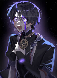 Rule 34 | 1boy, absurdres, arm at side, armor, backlighting, black hair, black sleeves, blood, blunt ends, clutching chest, eyeliner, eyeshadow, furisode, genshin impact, glowing, glowing eyes, gold, hand on own chest, hand up, highres, japanese armor, japanese clothes, jewelry, kimono, kote, kurokote, layered sleeves, makeup, male focus, mandarin collar, mitsudomoe (shape), multicolored hair, neck ring, nero hanken, open mouth, purple aura, purple blood, purple hair, purple rope, purple sleeves, red eyeliner, red eyeshadow, rope, scaramouche (genshin impact), shimenawa, short sleeves, solo, streaked hair, tears, teeth, tomoe (symbol), upper body, upper teeth only, watermark, white eyes, white rope, wide-eyed, wispy bangs