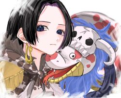 Rule 34 | 1girl, black hair, blue eyes, boa hancock, closed mouth, commentary request, earrings, epaulettes, highres, jewelry, long hair, looking at viewer, one piece, salome (one piece), sidelocks, simple background, skull, smile, snake, snake earrings, solo, tongue, tongue out, u mi031, white background