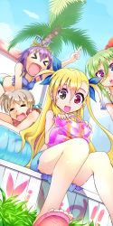 &gt;_&lt; 10s 4girls blonde_hair blush brown_hair cloud corona_timir day einhard_stratos closed_eyes fang green_eyes green_hair heterochromia highres long_hair lyrical_nanoha mahou_shoujo_lyrical_nanoha_vivid multiple_girls nac000 open_mouth purple_eyes purple_hair red_eyes rio_wezley sandals sky smile toes twintails vivio