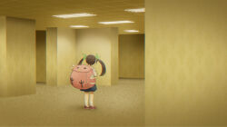 1girl absurdres backpack backrooms_(creepypasta) bag black_hair carpet ceiling ceiling_light chromatic_aberration commentary fluorescent_lamp from_behind full_body green_ribbon hachikuji_mayoi hair_ribbon hairband hallway highres indoors kurokiri6630 liminal_space long_hair monogatari_(series) pink_bag pixelated ribbon school_uniform short_sleeves solo standing tile_ceiling tiles twintails white_hairband yellow_theme